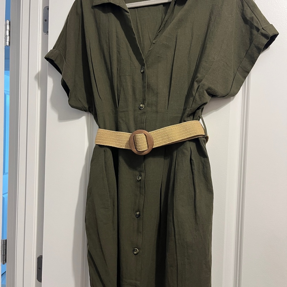 H&M Olive Green Button-Front Shirt Dress with Woven Belt - Picture 2 of 13